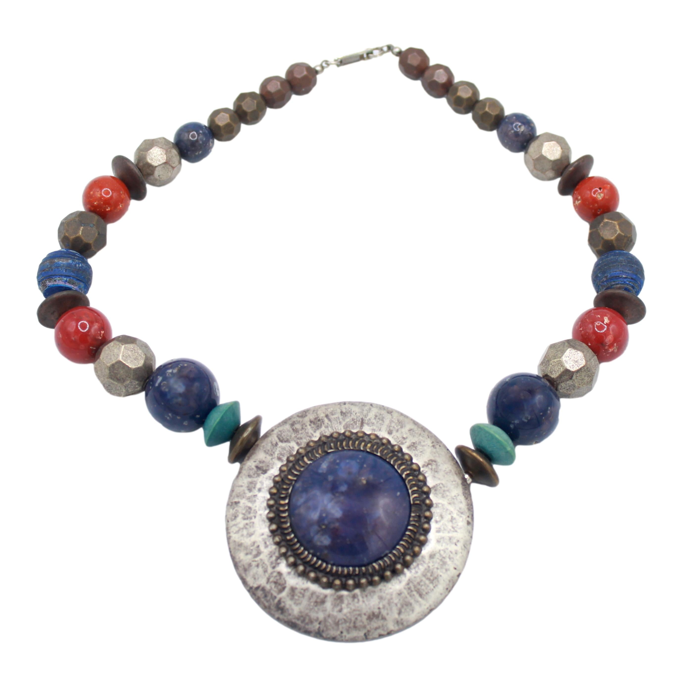 Vintage Juliana for Dauplaise Boho Hammered Silver & Multicolor Beaded Purple Statement Necklace