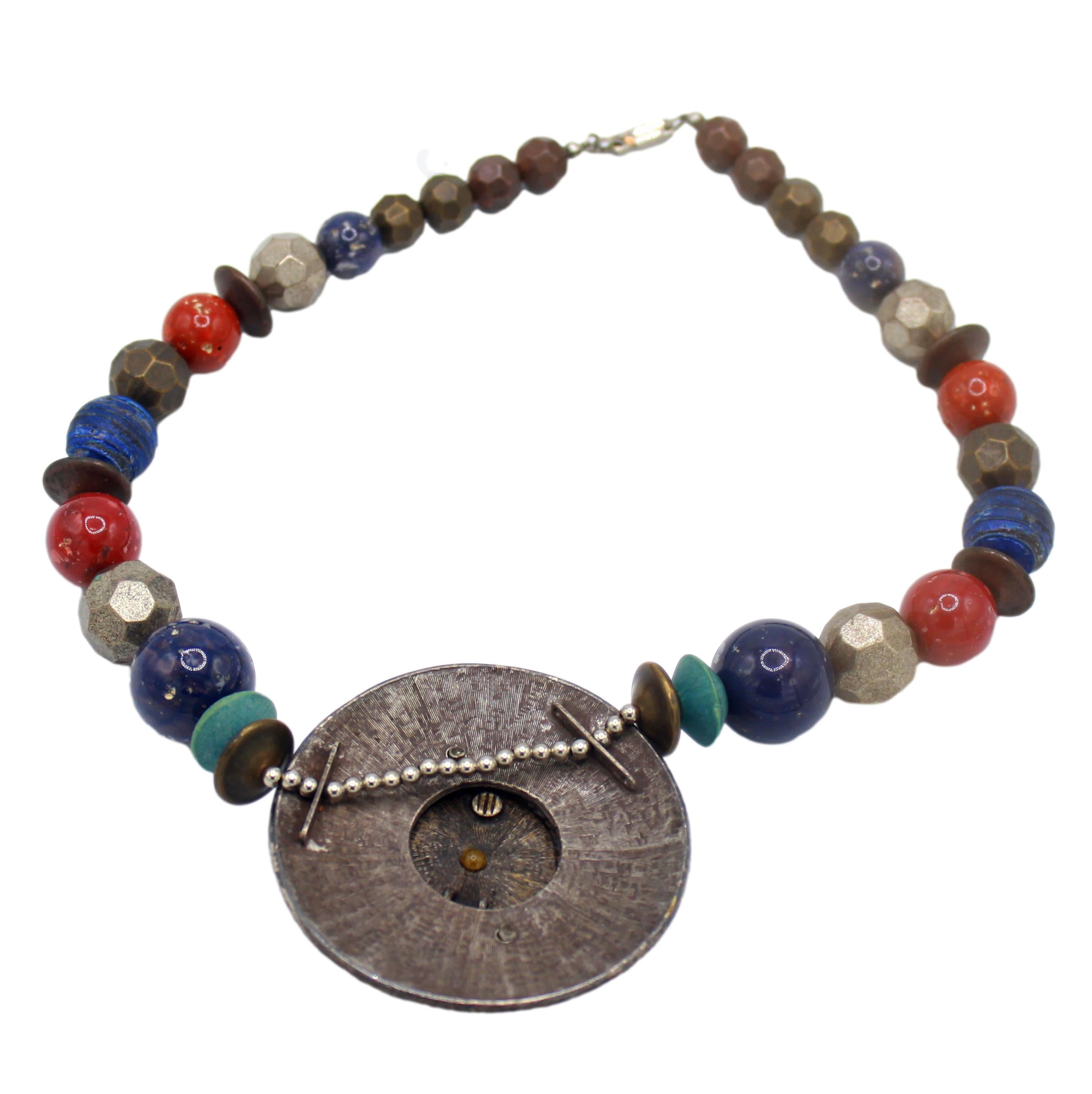 Vintage Juliana for Dauplaise Boho Hammered Silver & Multicolor Beaded Purple Statement Necklace
