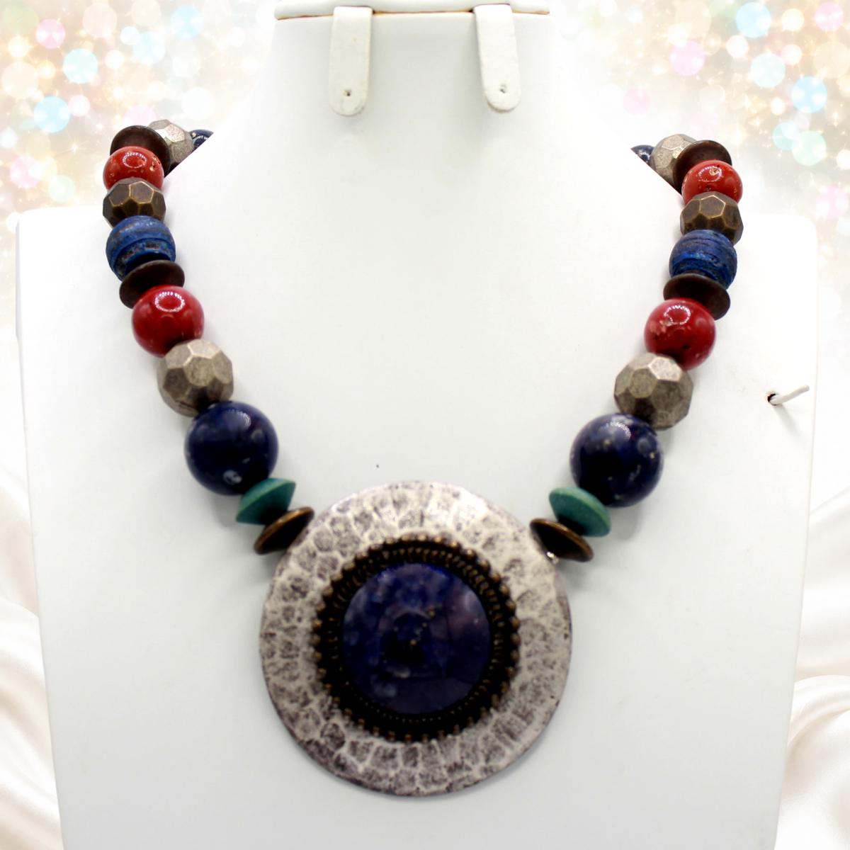 Vintage Juliana for Dauplaise Boho Hammered Silver & Multicolor Beaded Purple Statement Necklace IIJJ#9188