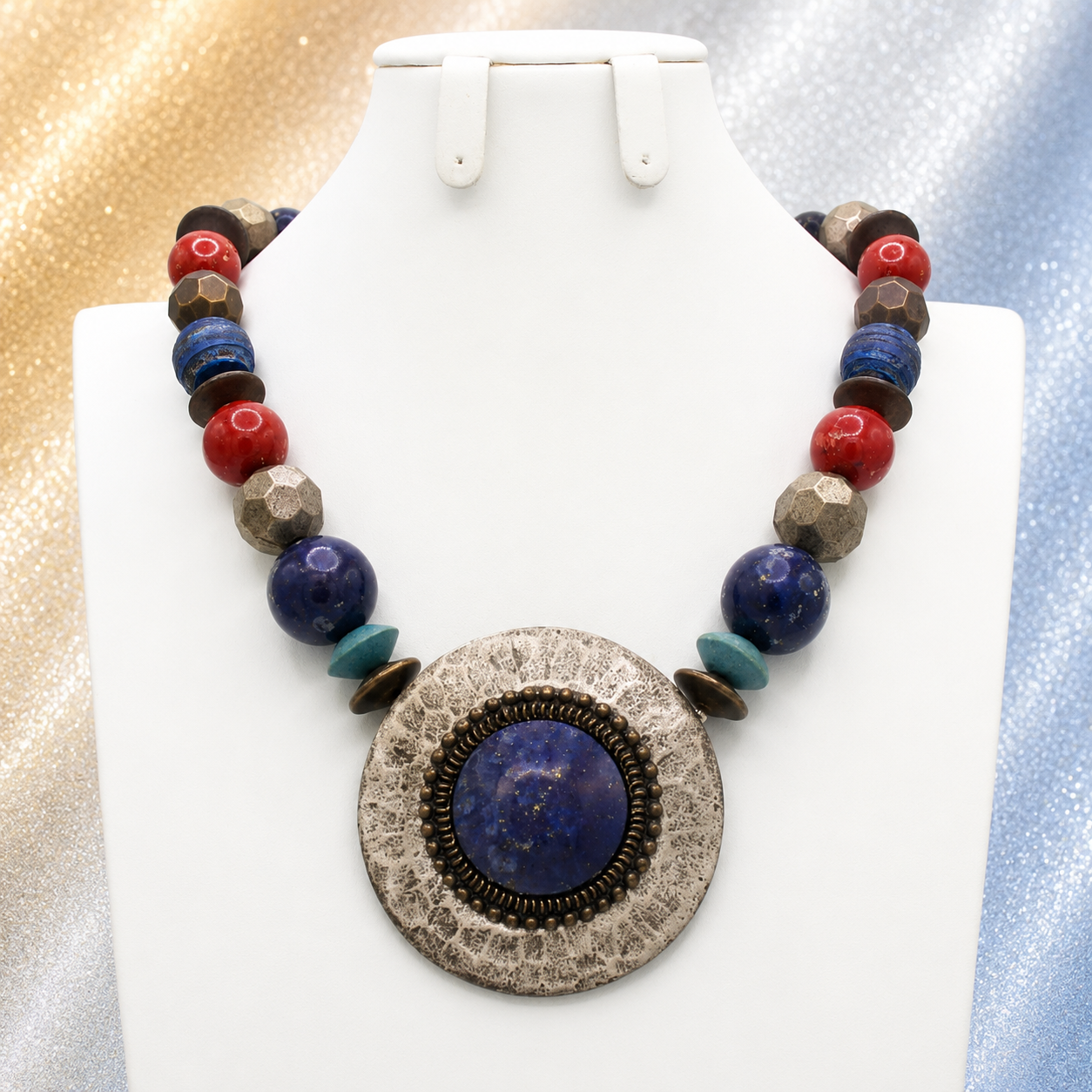Vintage Juliana for Dauplaise Boho Hammered Silver & Multicolor Beaded Purple Statement Necklace