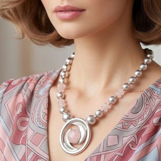 Vintage Juliana for Dauplaise Rose Quartz Silvertone Bead Necklace IIJJ#9164