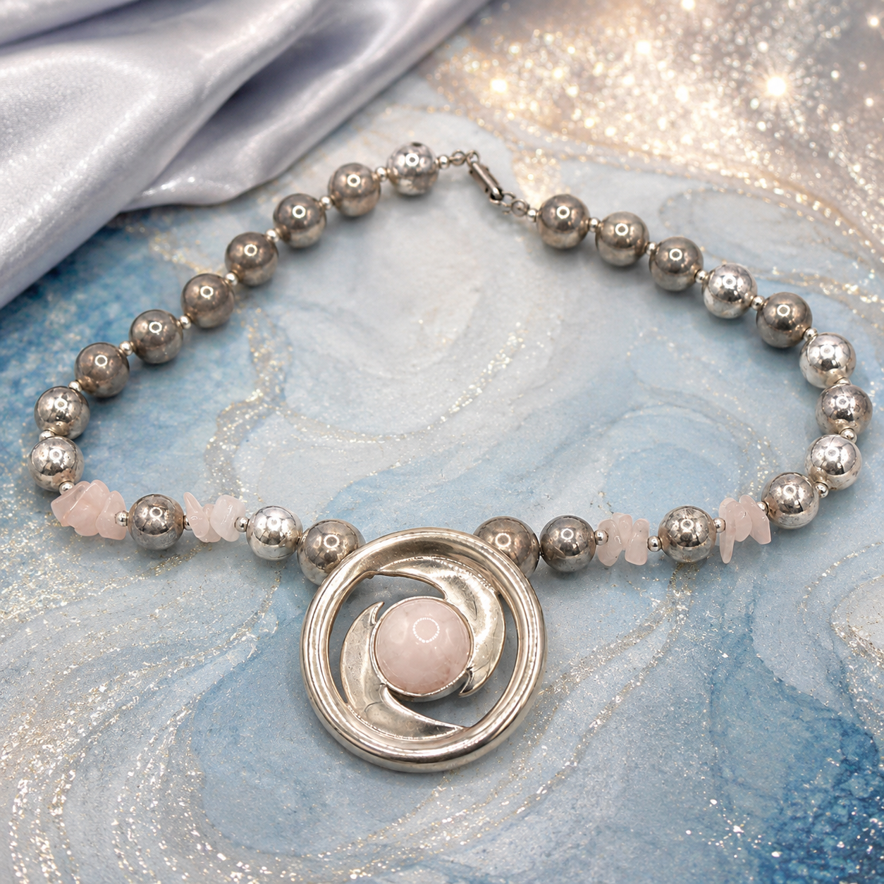 Vintage Juliana for Dauplaise Rose Quartz Silvertone Bead Necklace IIJJ#9164