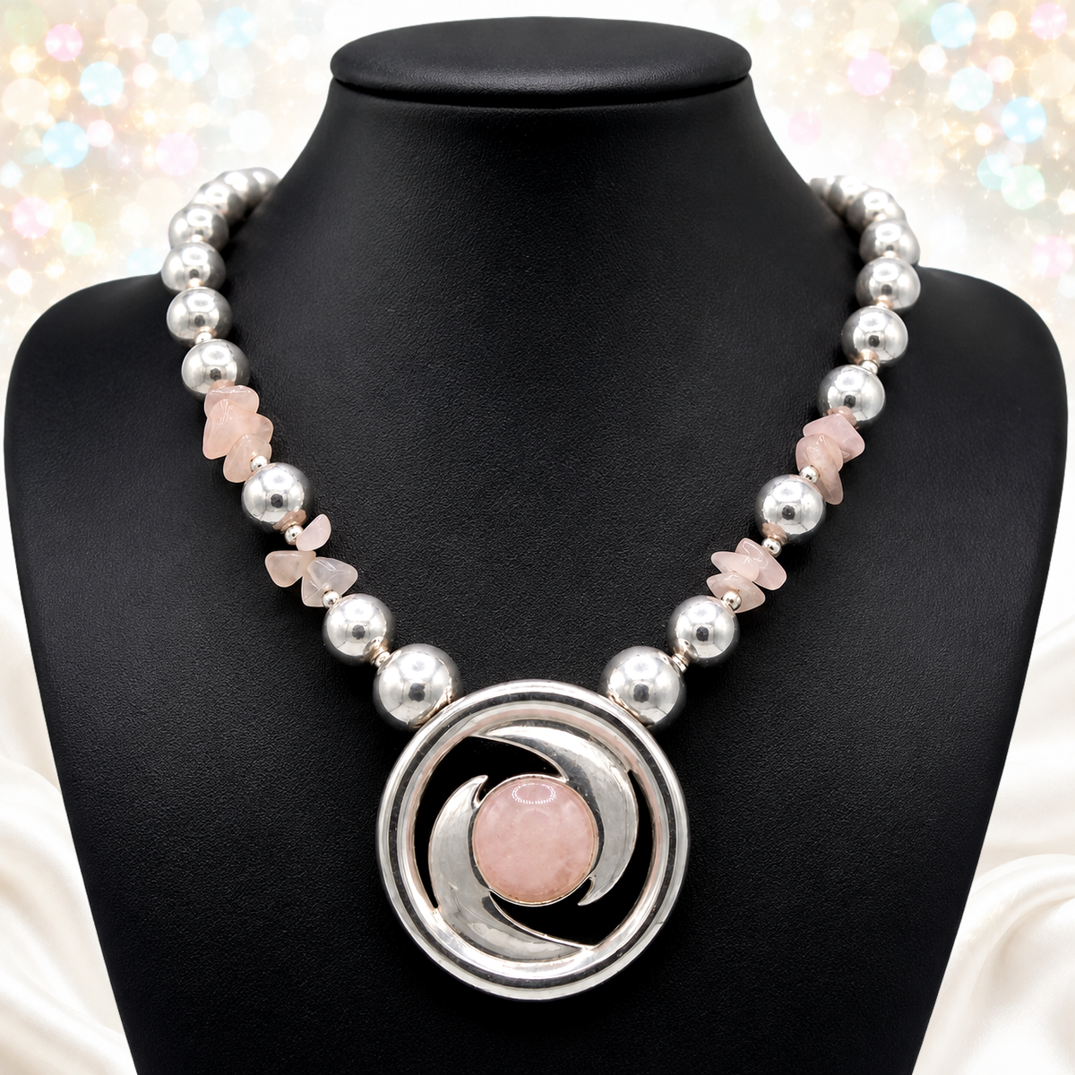 Vintage Juliana for Dauplaise Rose Quartz Silvertone Bead Necklace IIJJ#9164