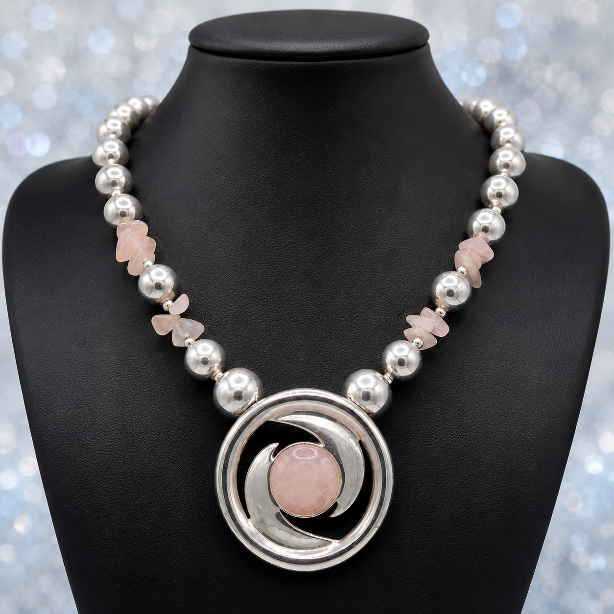 Vintage Juliana for Dauplaise Rose Quartz Silvertone Bead Necklace IIJJ#9164