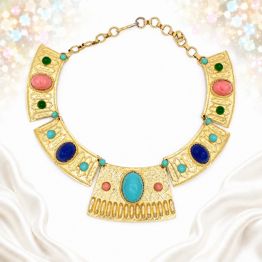 Vintage Juliana Egyptian Revival Lucite High Domed Cabochon Necklace Book Cover IIJJ#2775