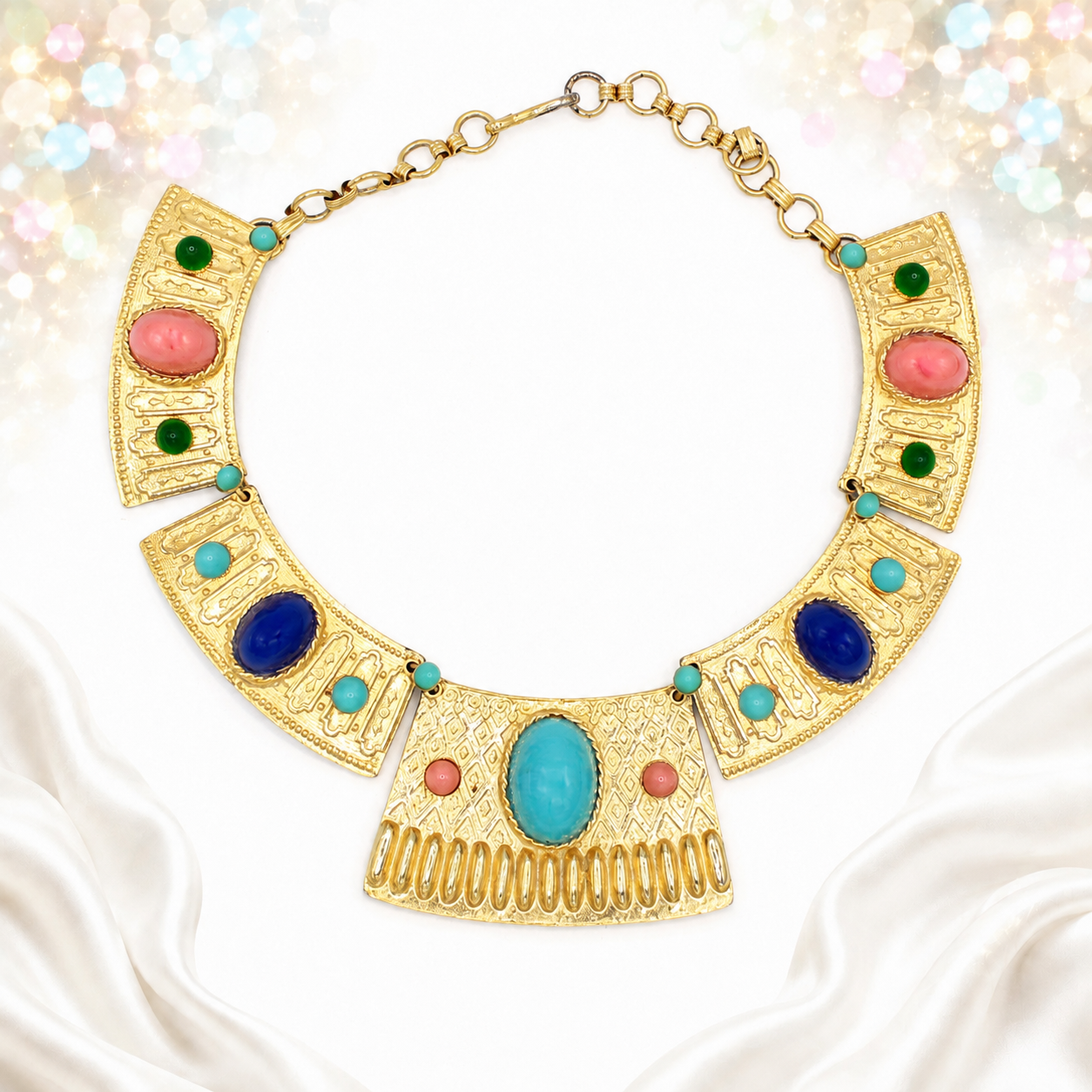 Vintage Juliana Egyptian Revival Lucite High Domed Cabochon Necklace Book Cover IIJJ#2775