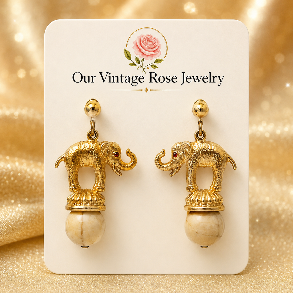 Vintage Juliana Figural Circus Elephant Dangle Earrings Faux Ivory IIJJ#9096
