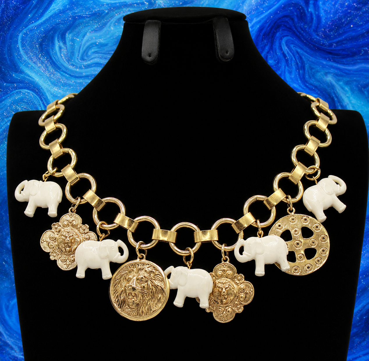 Vintage Juliana Lion & Elephant Figural Charm Necklace IIJJ#9044