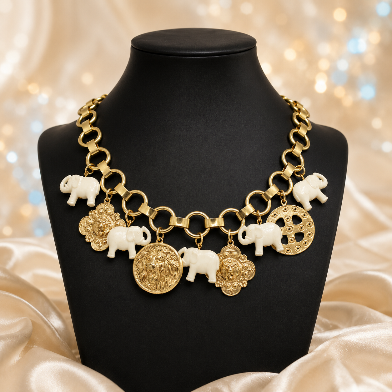 Vintage Juliana Lion & Elephant Figural Charm Necklace IIJJ#9044