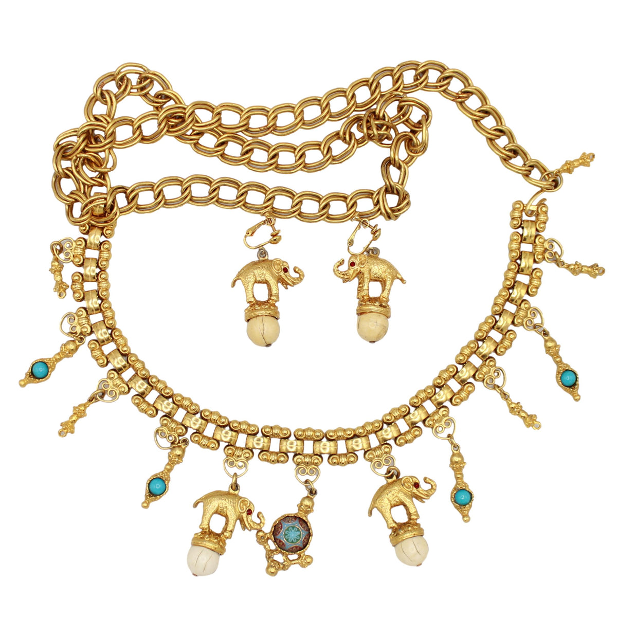 Vintage Juliana Moroccan Matrix Elephant Necklace or Belt Earrings Figural Set IIJJ#182