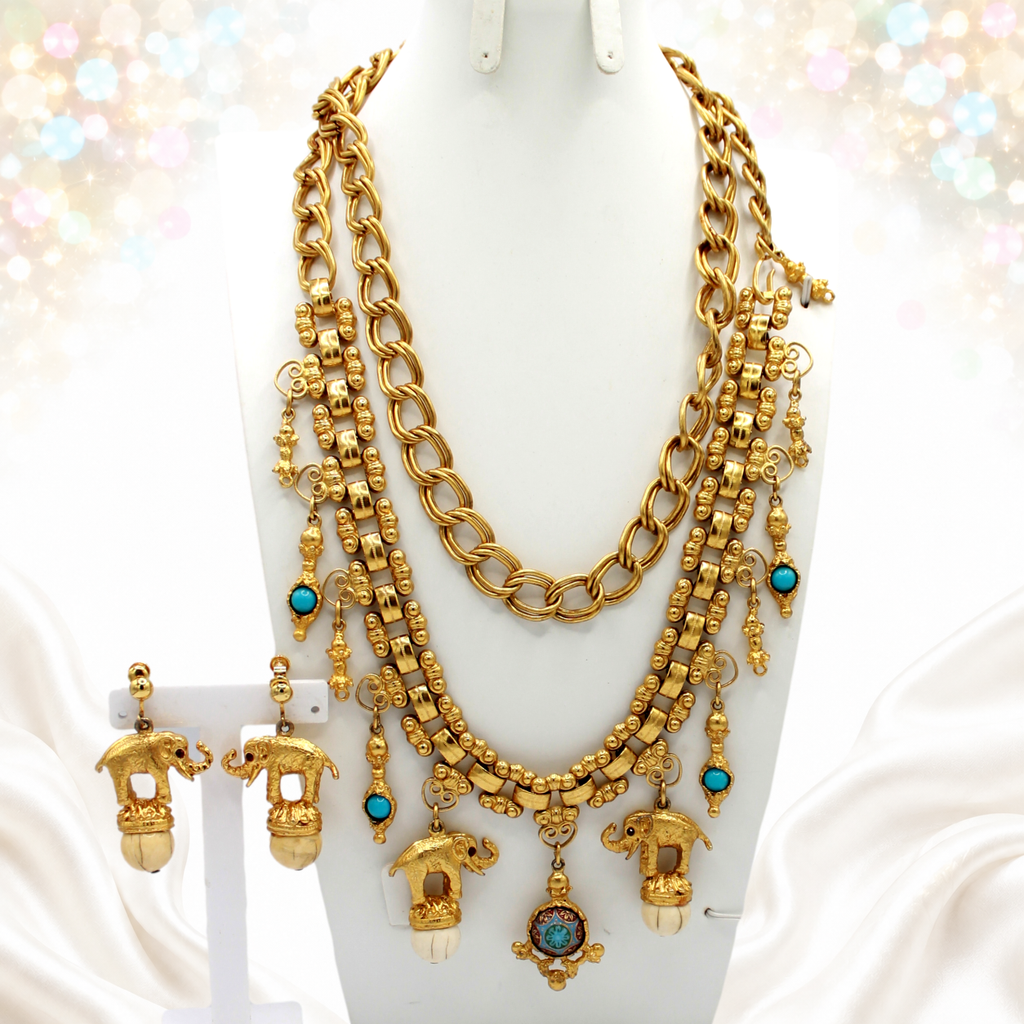 Vintage Juliana Moroccan Matrix Elephant Necklace or Belt Earrings Figural Set IIJJ#182