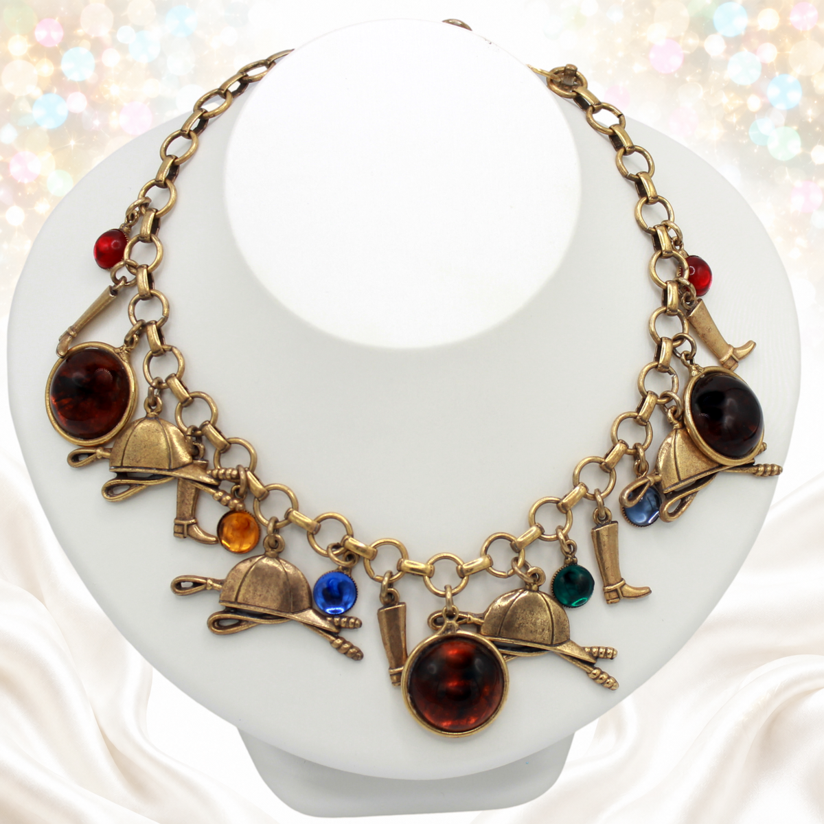 Vintage Juliana Equestrian Fox Hunting Lucite Charm Necklace Book Piece IIJJ#2846