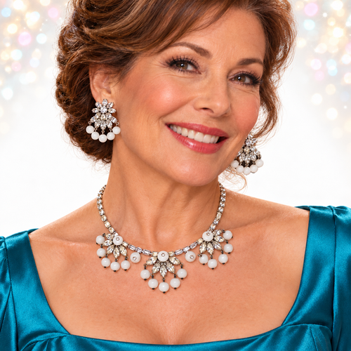 Weiss necklace and earrings styled with turquoise dress
