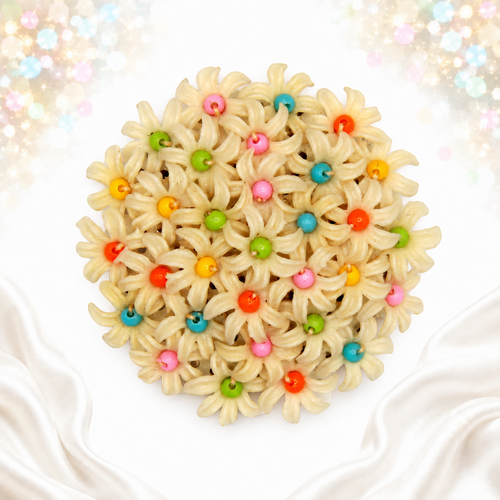Vintage cream plastic daisy cluster brooch with multicolor bead centers