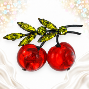 Vintage Signed Austria Red Plastic Apple Green Rhinestone Brooch