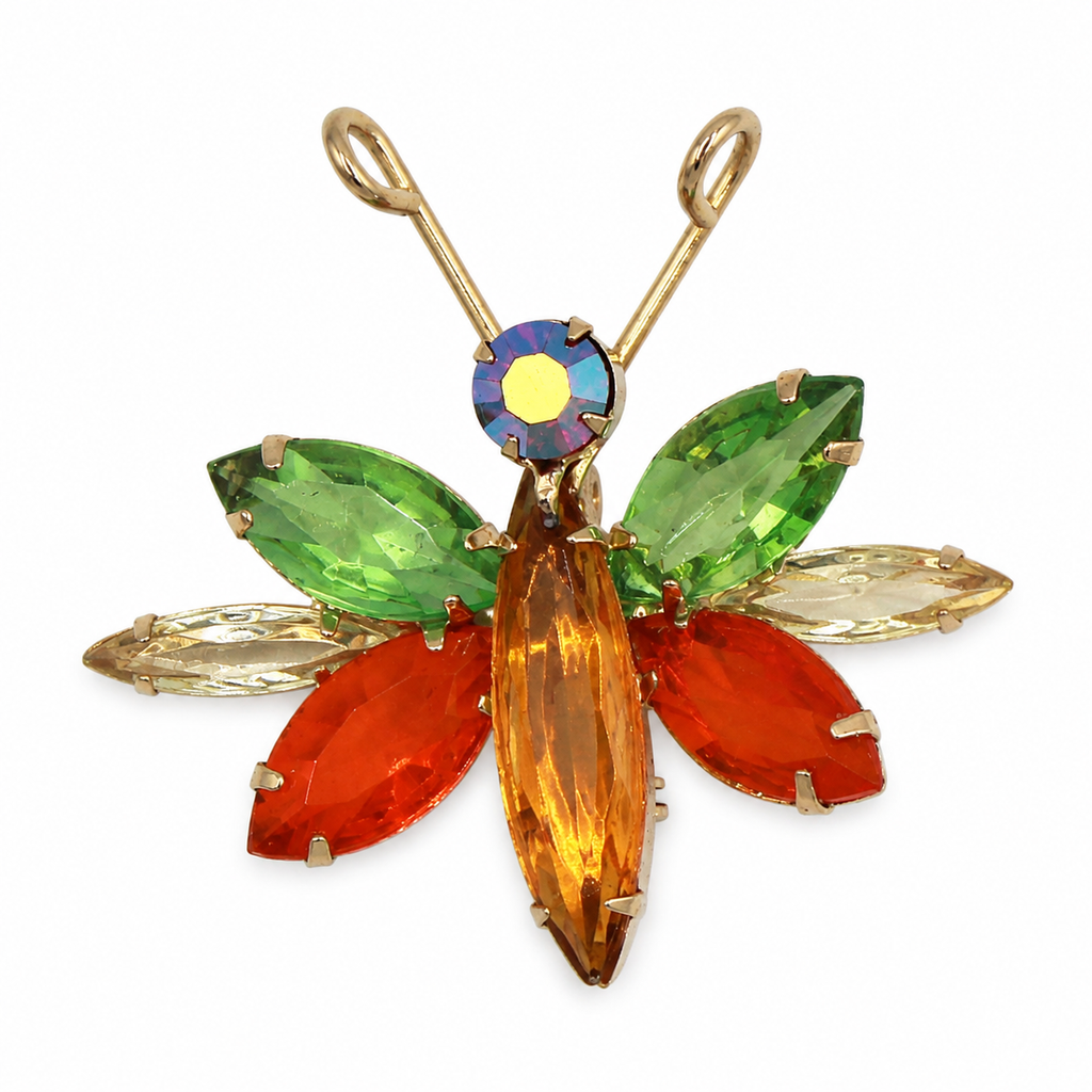 Vintage Juliana Glitter Bug Figural Rhinestone Brooch Orange Green AB IIJJ#7170