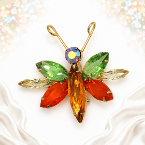 Vintage Juliana Glitter Bug Figural Rhinestone Brooch Orange Green AB IIJJ#7170
