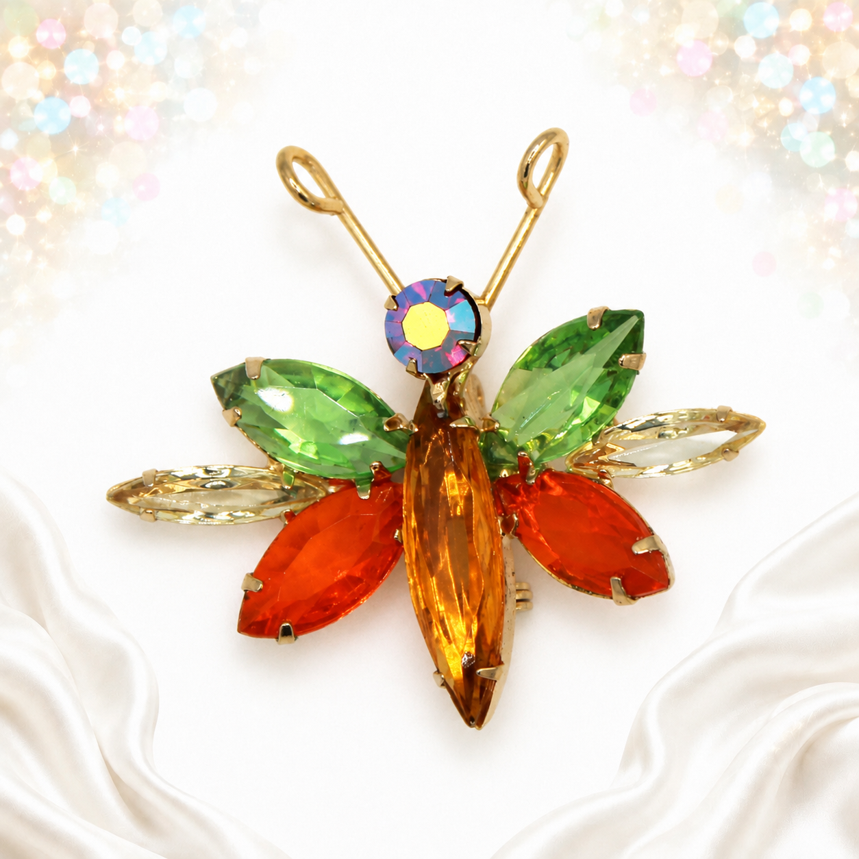 Vintage Juliana Glitter Bug Figural Rhinestone Brooch Orange Green AB IIJJ#7170