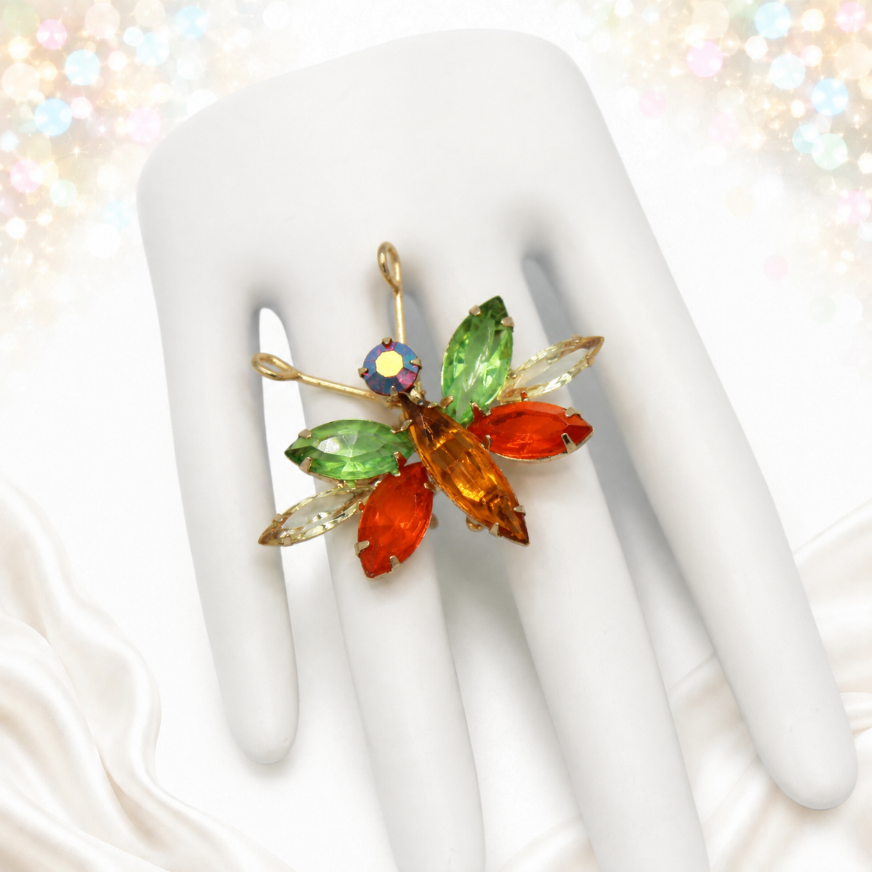 Vintage Juliana Glitter Bug Figural Rhinestone Brooch Orange Green AB IIJJ#7170