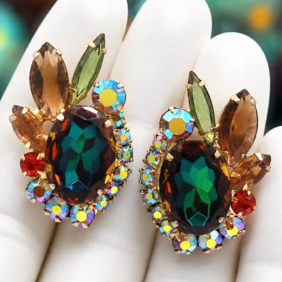 Vintage JULIANA Fall Topaz Green Orange AB Rhinestone Watermelon Earrings IIJJ#5120