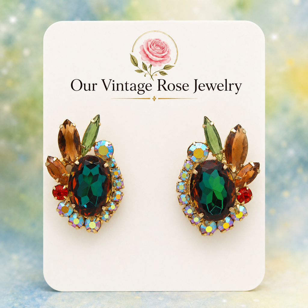 Vintage JULIANA Fall Topaz Green Orange AB Rhinestone Watermelon Earrings IIJJ#5120
