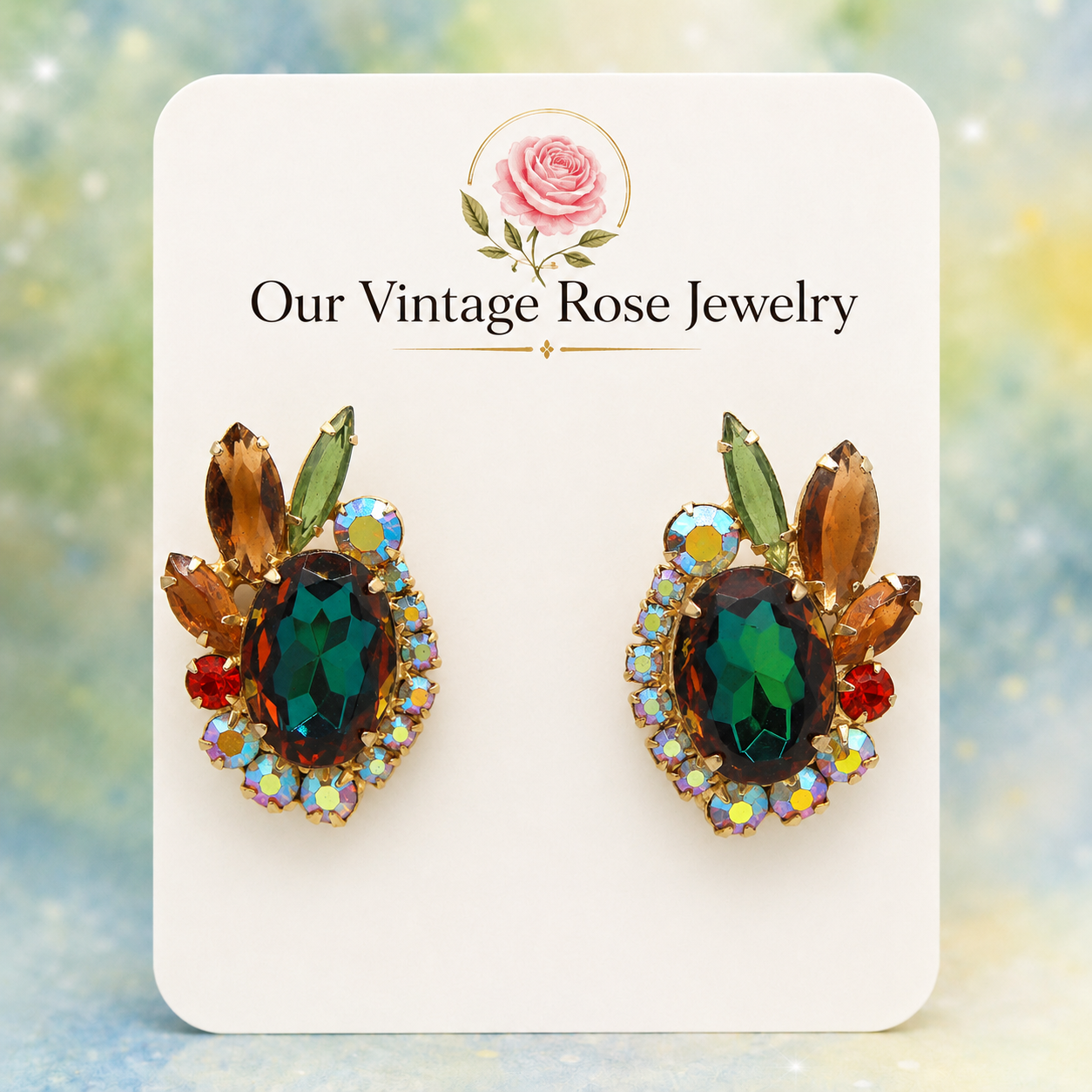 Vintage JULIANA Fall Topaz Green Orange AB Rhinestone Watermelon Earrings IIJJ#5120