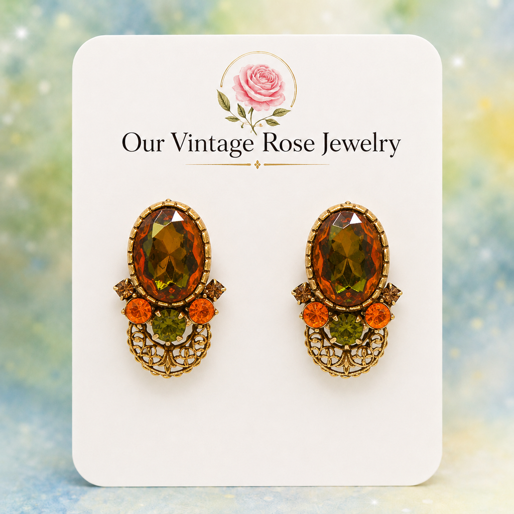 Vintage Juliana Topaz Fall Watermelon Rhinestone Filigree Clip-On Earrings IIJJ#9128