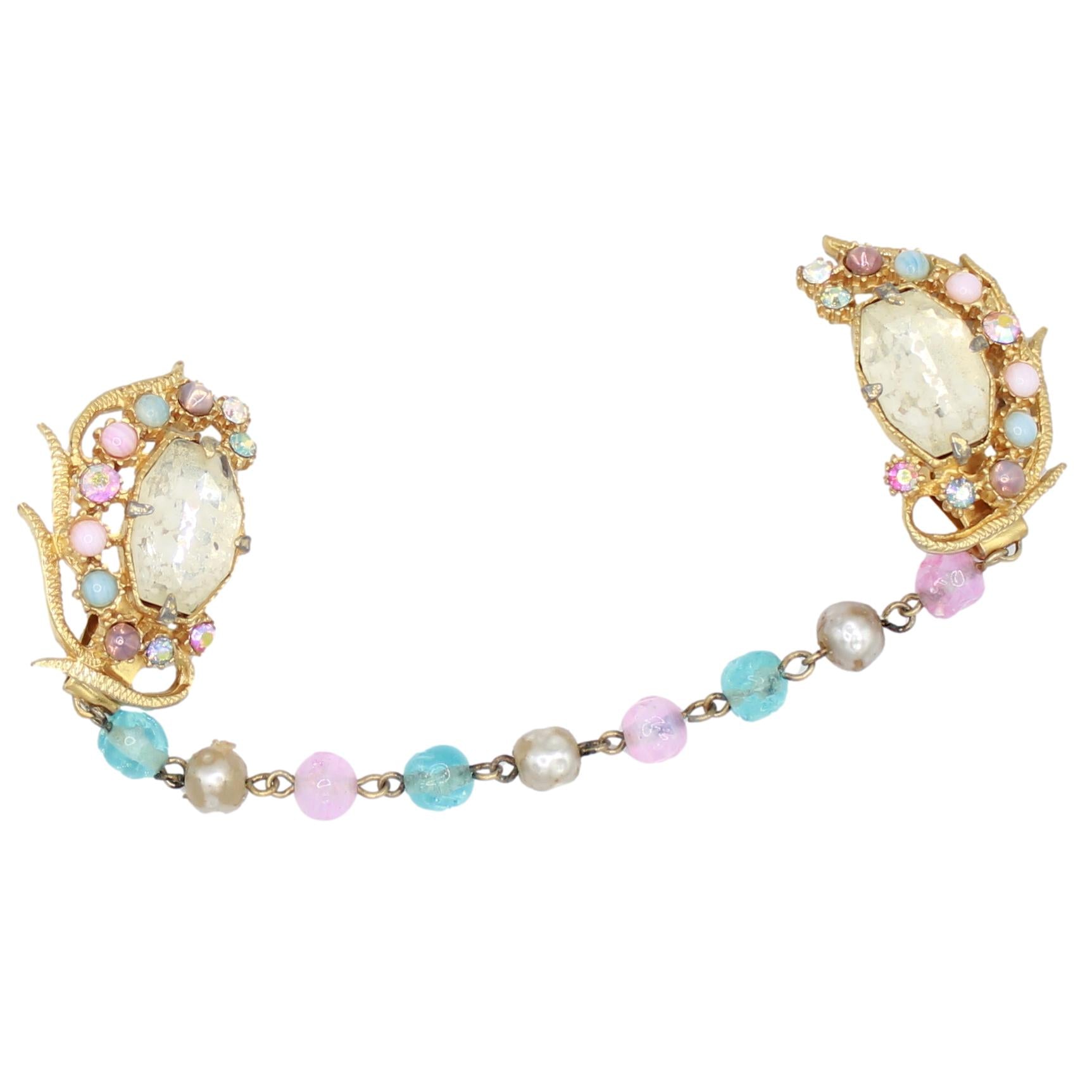 Vintage FLORENZA Octagonal Embedded Foil Glass Pastel Rhinestone Sweater Clip