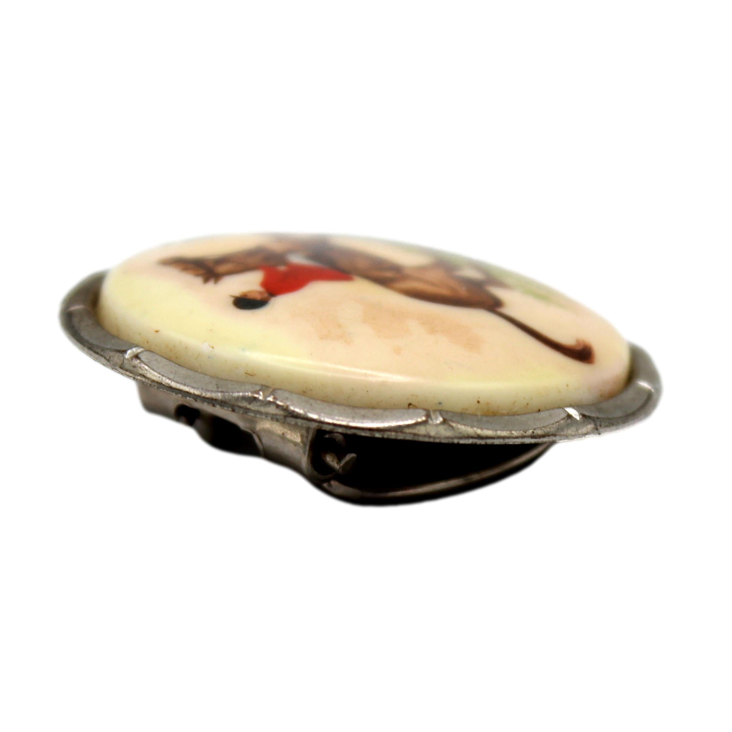 Vintage Juliana Fox Hunting Transfer Painted Cabochon Scarf Clip IIJJ #1985
