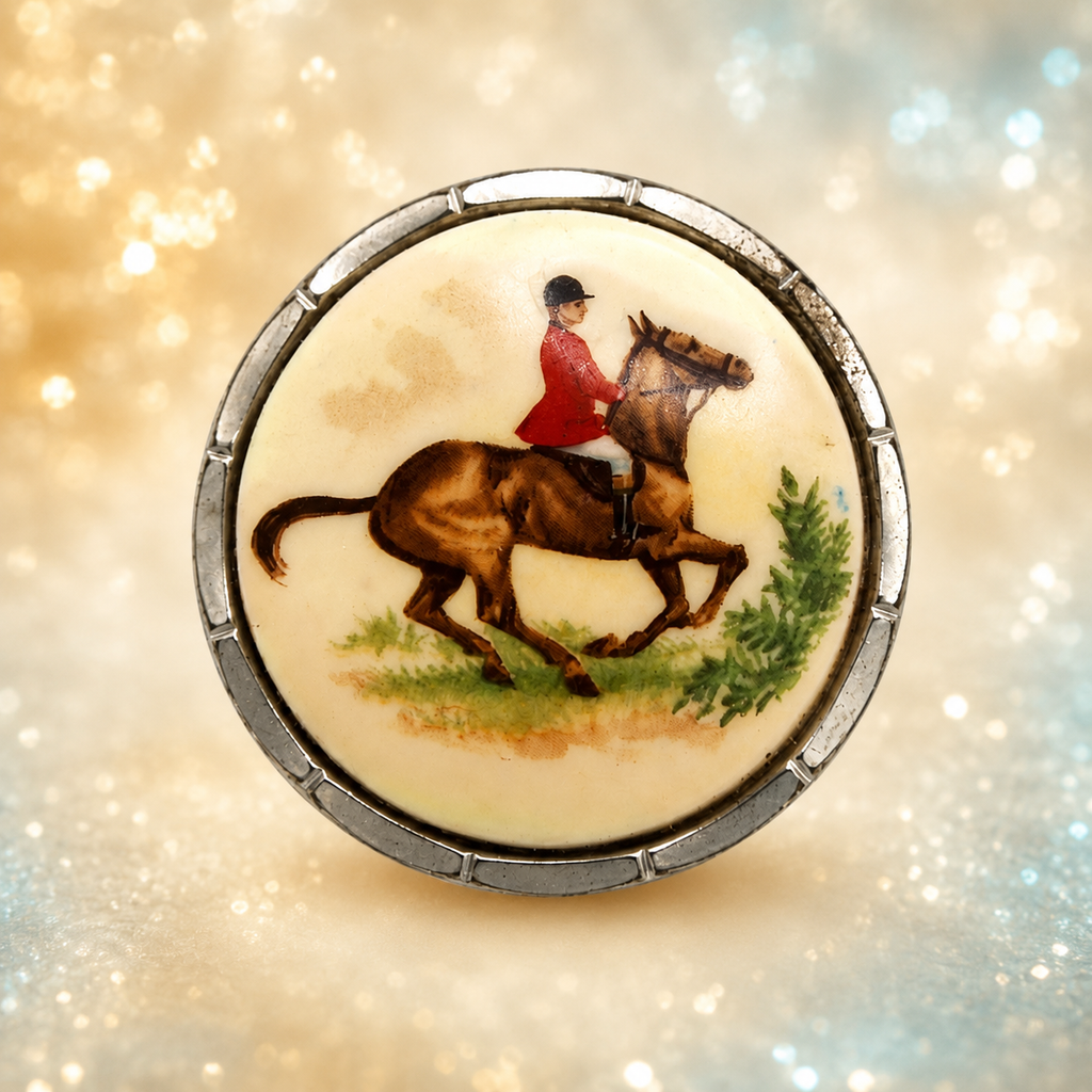 Vintage Juliana Fox Hunting Transfer Painted Cabochon Scarf Clip IIJJ #1985