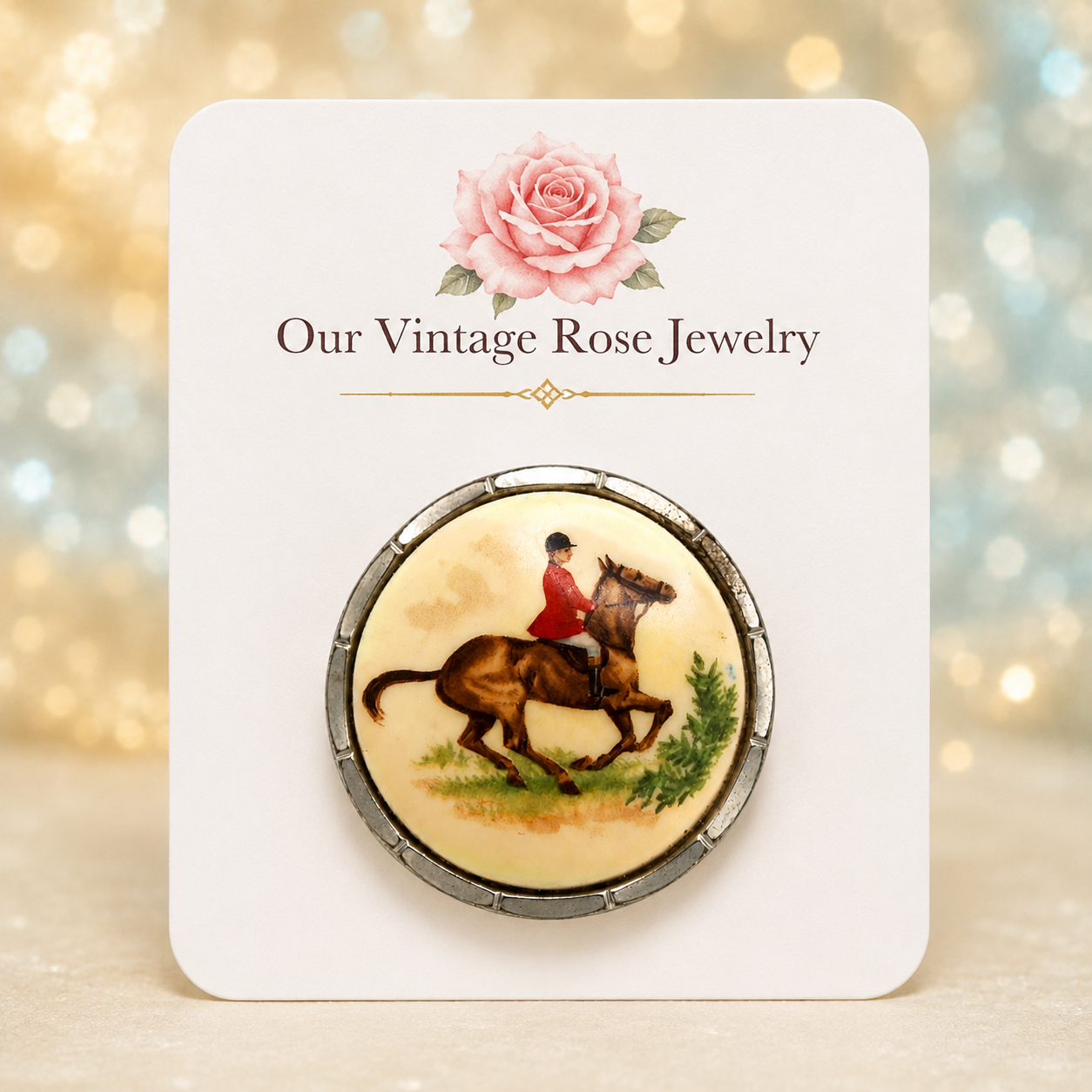 Vintage Juliana Fox Hunting Transfer Painted Cabochon Scarf Clip IIJJ #1985