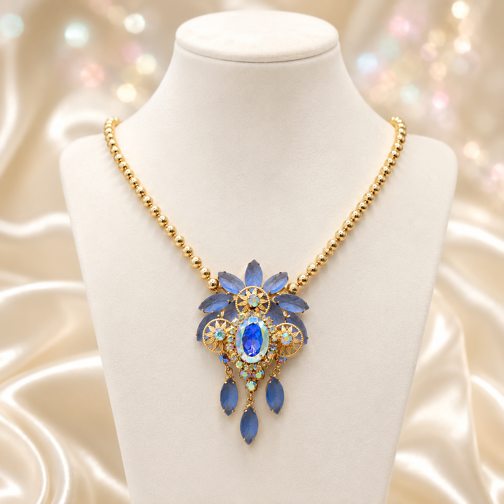 Vintage Juliana Frosted Blue Starburst Rhinestone Ball Chain Necklace IIJJ#9308