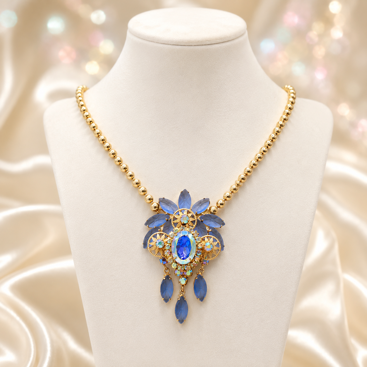Vintage Juliana Frosted Blue Starburst Rhinestone Ball Chain Necklace IIJJ#9308