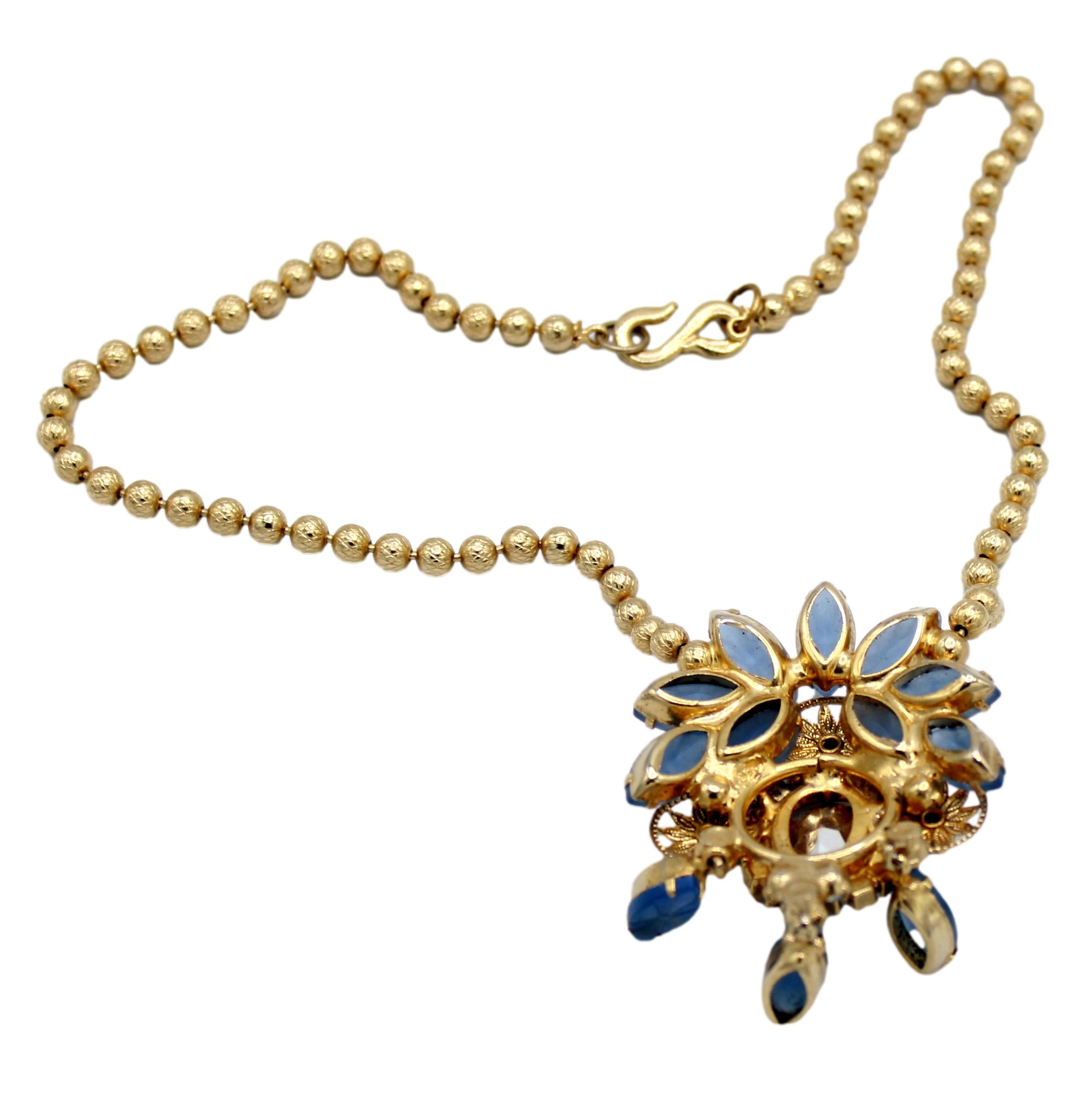 Vintage Juliana Frosted Blue Starburst Rhinestone Ball Chain Necklace IIJJ#9308