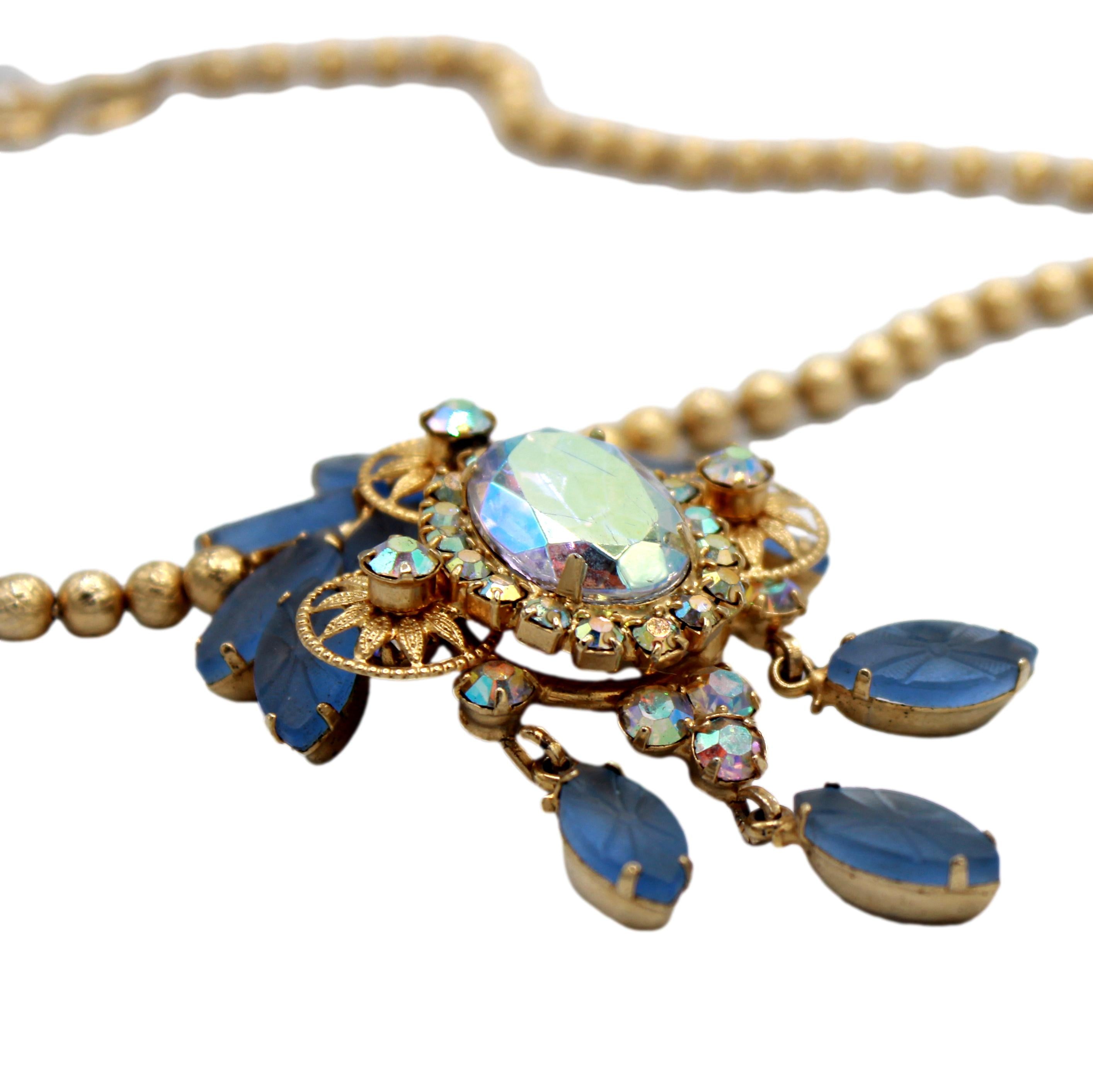 Vintage Juliana Frosted Blue Starburst Rhinestone Ball Chain Necklace IIJJ#9308