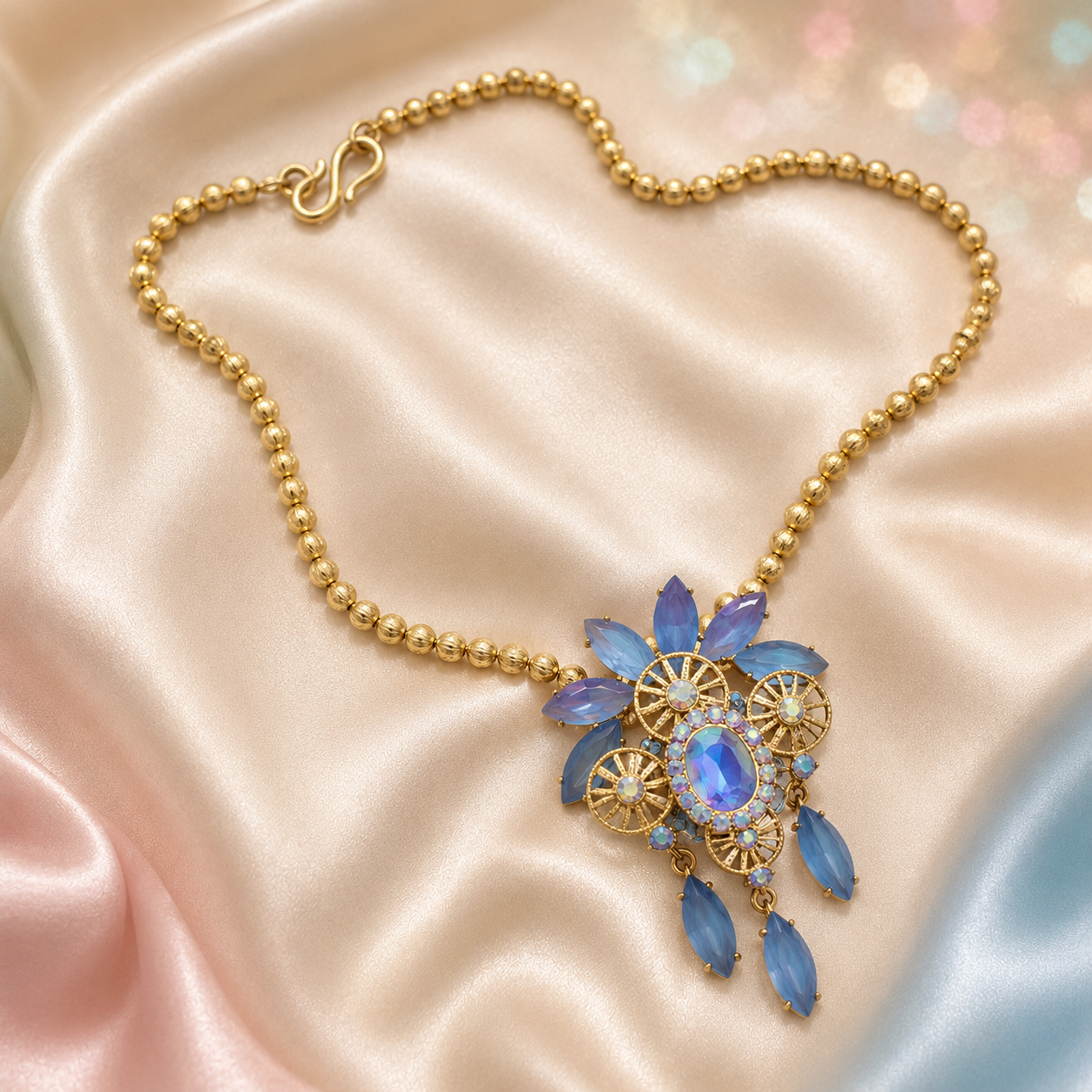 Vintage Juliana Frosted Blue Starburst Rhinestone Ball Chain Necklace IIJJ#9308