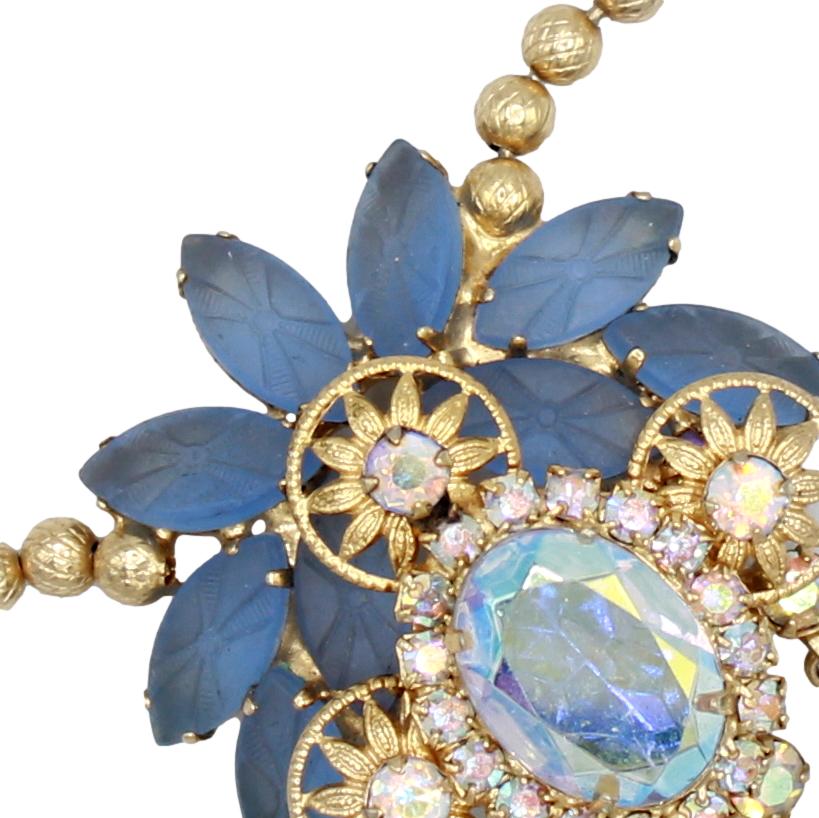 Vintage Juliana Frosted Blue Starburst Rhinestone Ball Chain Necklace IIJJ#9308