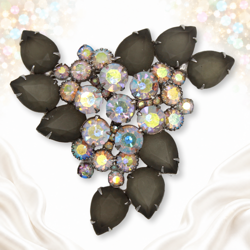 Vintage Juliana frosted black diamond gray pear and AB rhinestone brooch front view