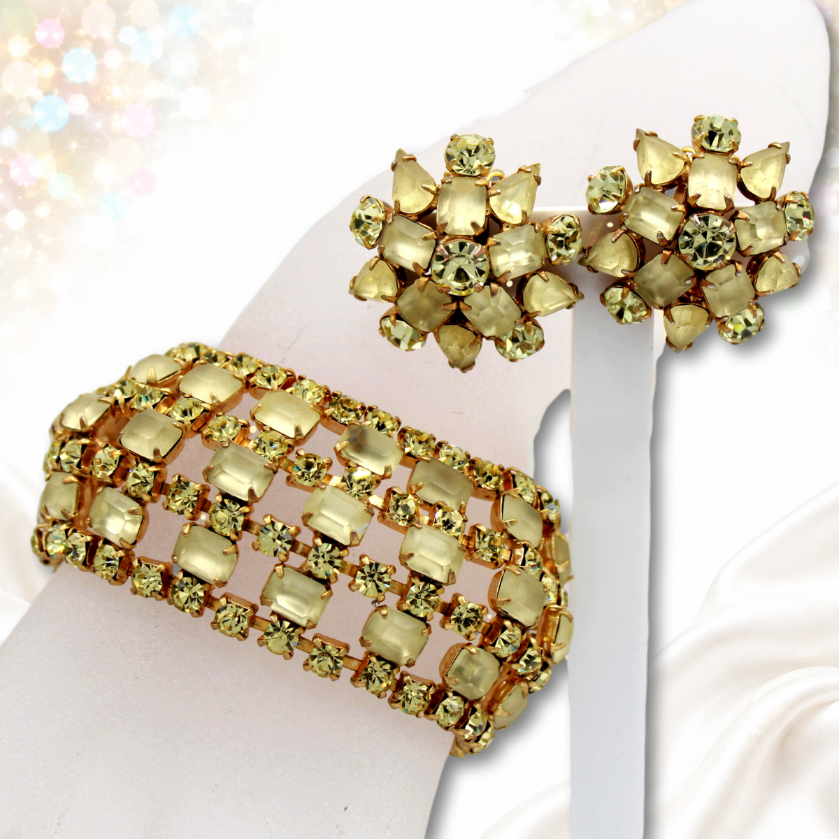 Vintage Frosted Yellow Jonquil Rhinestone Wide Bracelet Clip Earrings Set