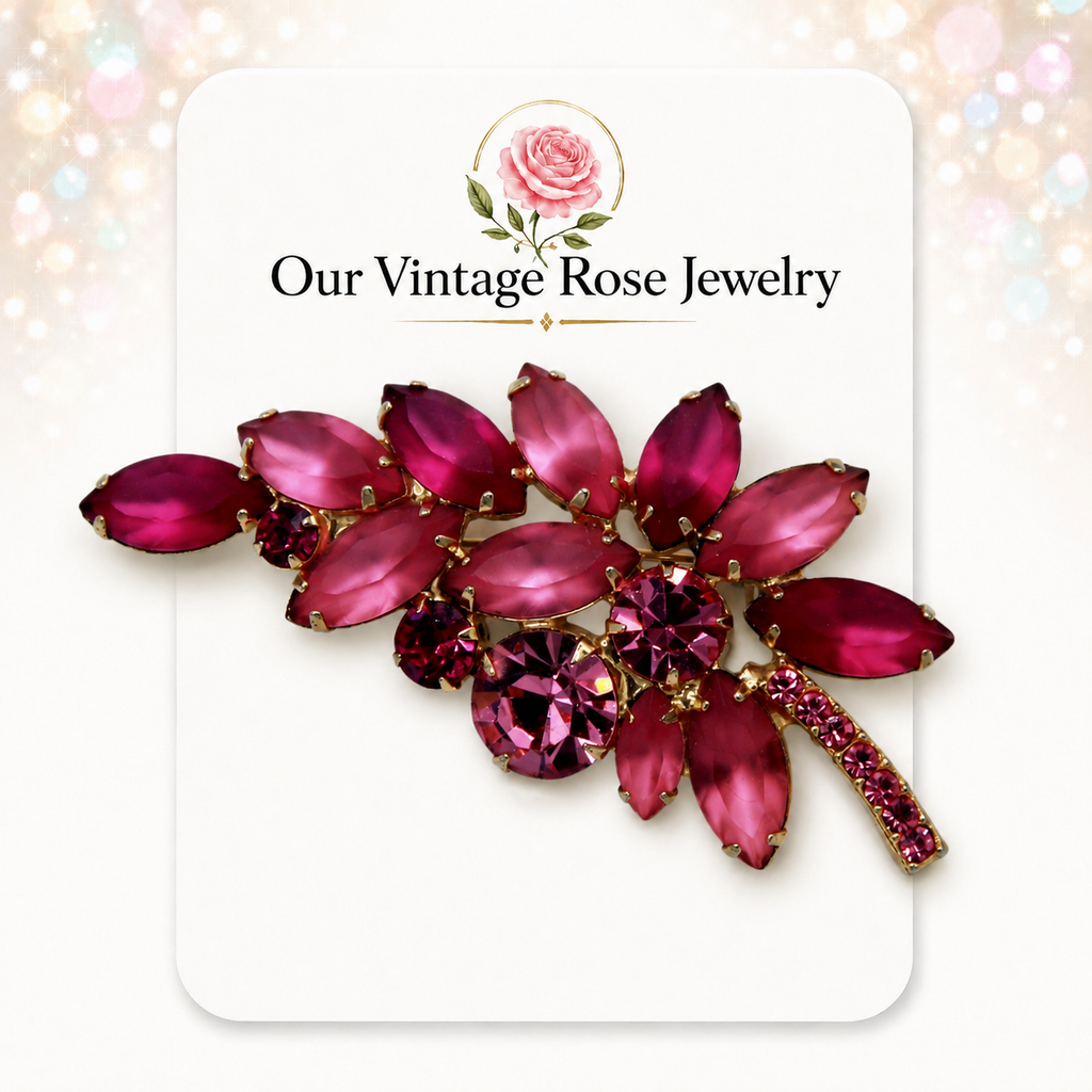 Vintage Juliana Frosted Pink Fuchsia Rhinestone Leaf Brooch IIJJ#9342