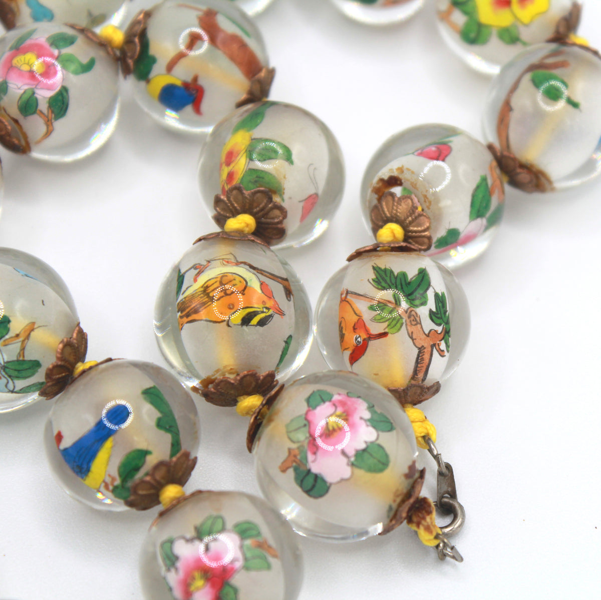 Vintage Chinese Neihua Inside Painted Glass Bead Necklace Birds Flowers Animals