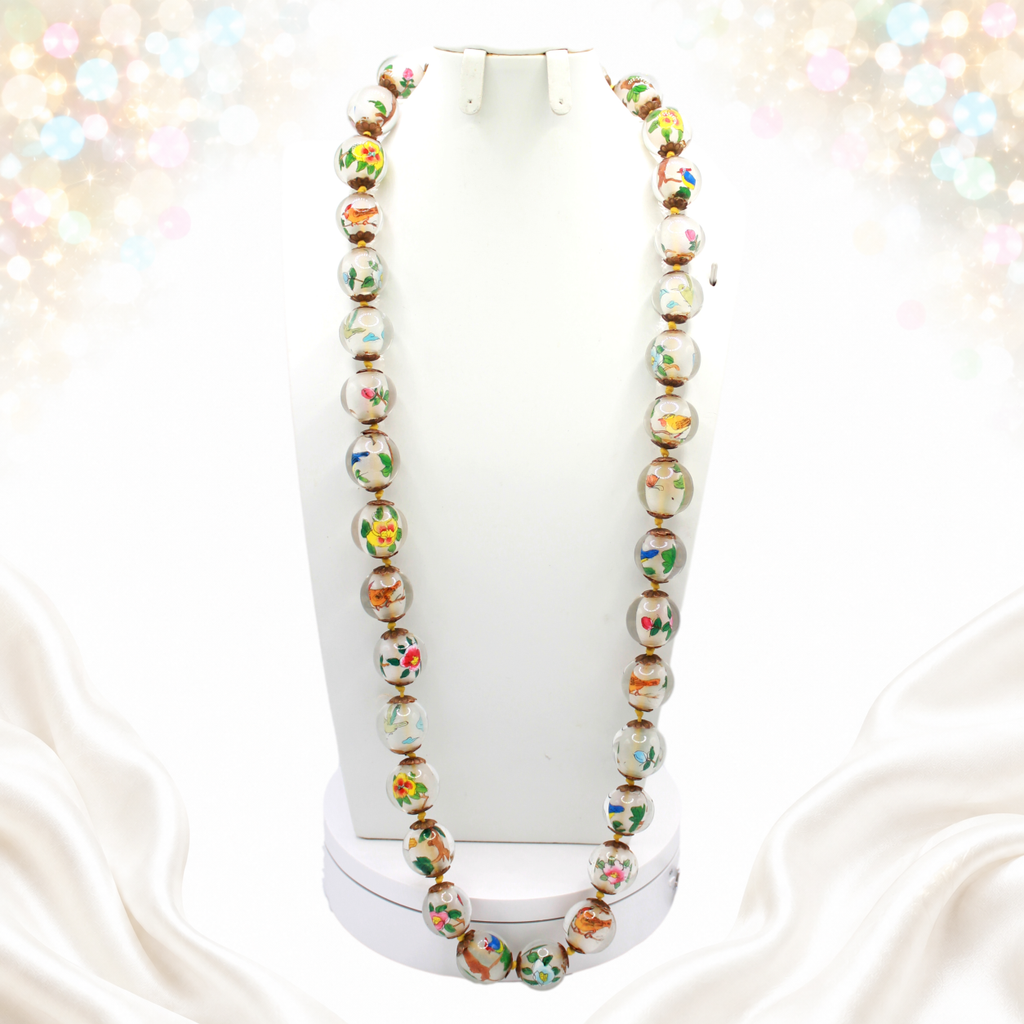Vintage Chinese Neihua Inside Painted Glass Bead Necklace Birds Flowers Animals