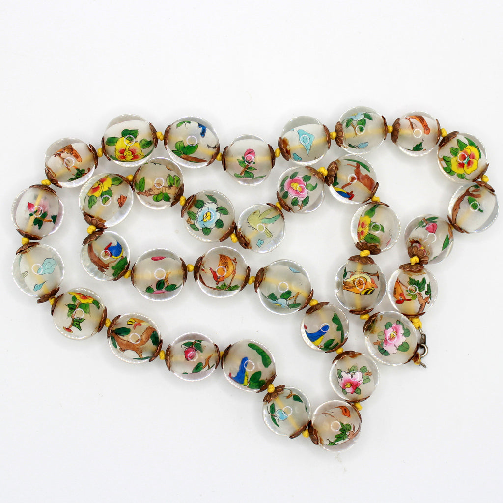 Vintage Chinese Neihua Inside Painted Glass Bead Necklace Birds Flowers Animals