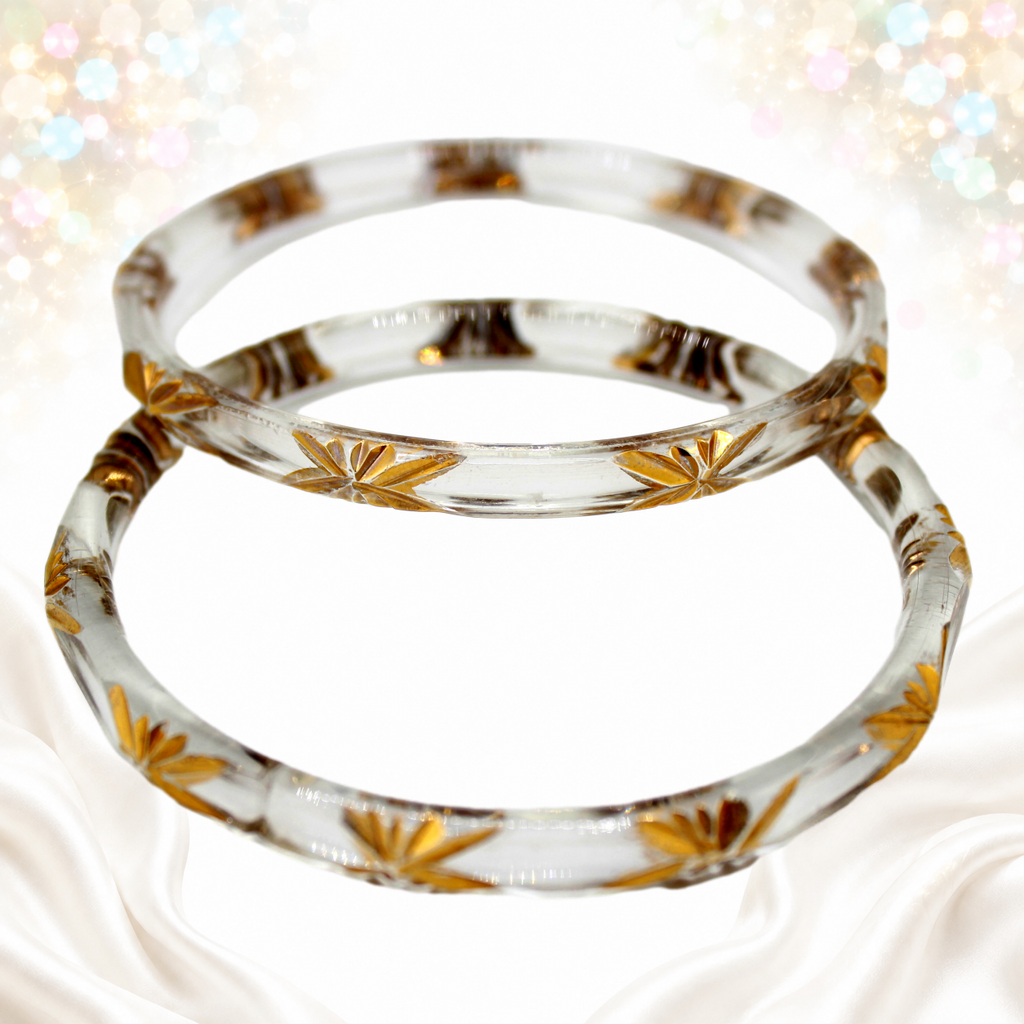 Vintage Clear Glass Gold Etched Leaf Bangle Bracelets Set of Two