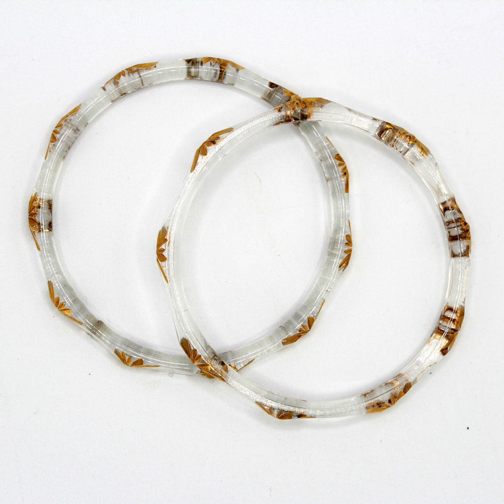 Vintage Clear Glass Gold Etched Leaf Bangle Bracelets Set of Two