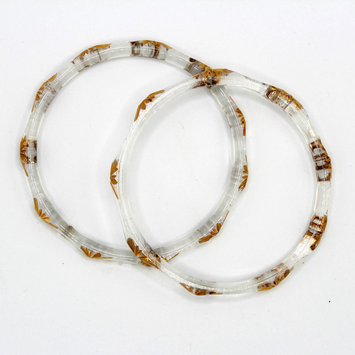 Vintage Clear Glass Gold Etched Leaf Bangle Bracelets Set of Two