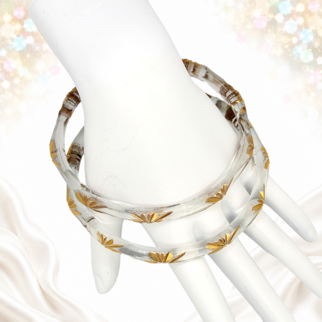 Vintage Clear Glass Gold Etched Leaf Bangle Bracelets Set of Two
