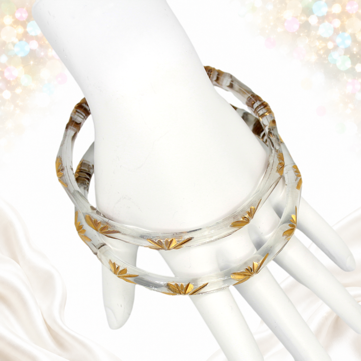 Vintage Clear Glass Gold Etched Leaf Bangle Bracelets Set of Two