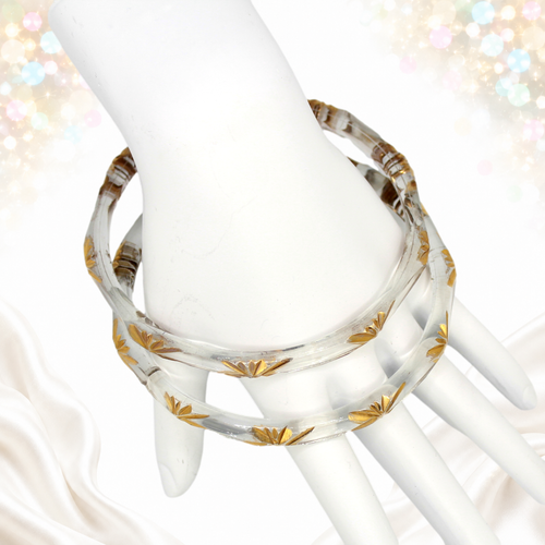 Vintage Clear Glass Gold Etched Leaf Bangle Bracelets Set of Two