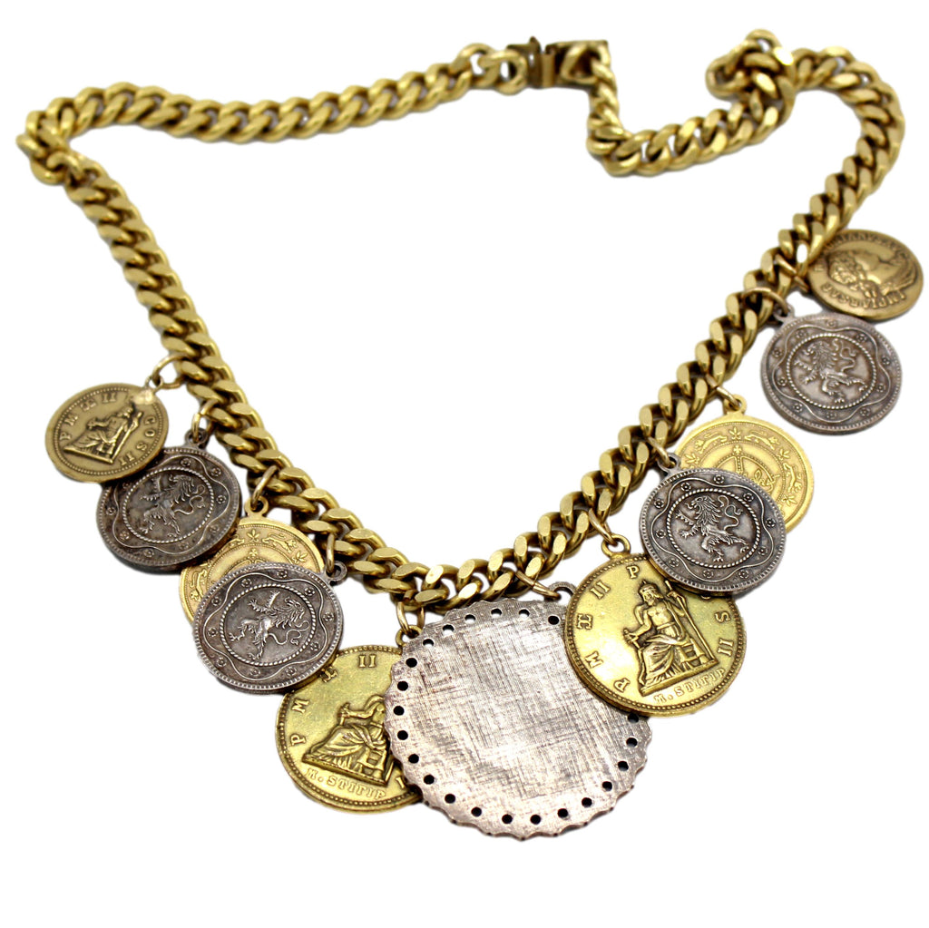 Vintage JULIANA Faux Gold Silver Empereur Napoleon Coin Charm Necklace IIJJ#8984
